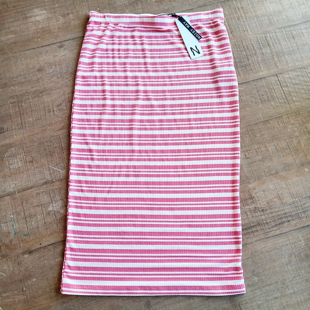 Noisy May Womens Striped Viscose Tube‎ Skirt Medium Pink White Ripped skirt NEW